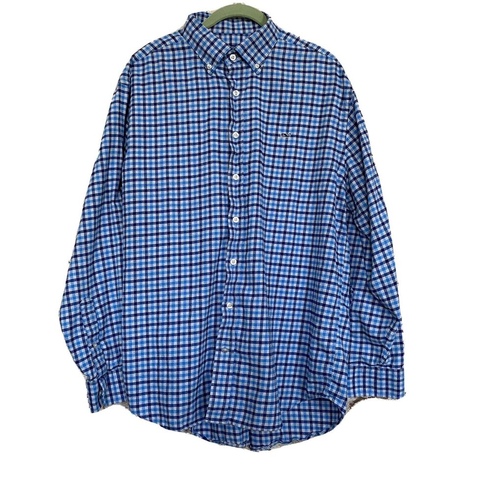 Vineyard Vines By Shep & Ian Mens Sz L Whale Shirt Light Flannel Blue Checked